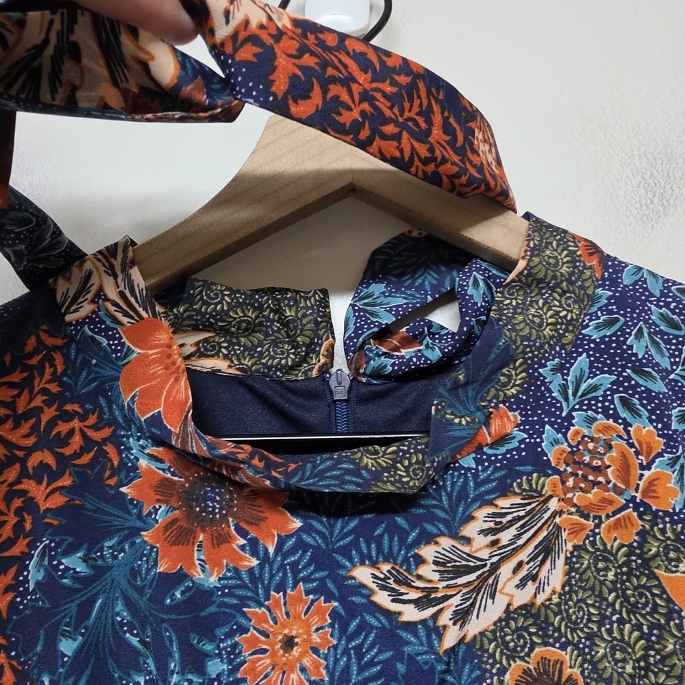 Julia Jordan Women's Navy‎ Fall Floral Puff Sleeve Midi Dress Tie Neck Sz 14 - Picture 6 of 14